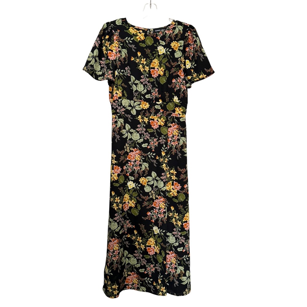 Sugar Lips Medium Black Floral Maxi Dress Short Flutter Sleeve Smocked Back